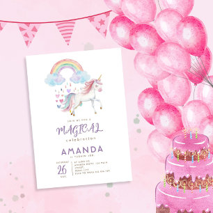 Unicorn Magical Rainbow Watercolor Birthday Invitation