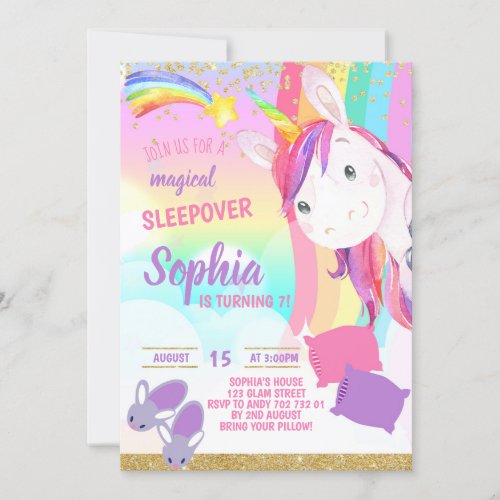 Unicorn Magical Sleepover Party Girl Birthday Invitation