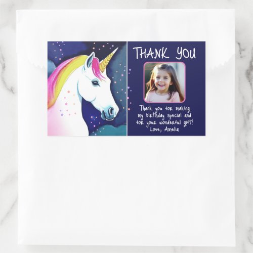 Unicorn Magical Star Girl Photo Birthday Thank You Rectangular Sticker