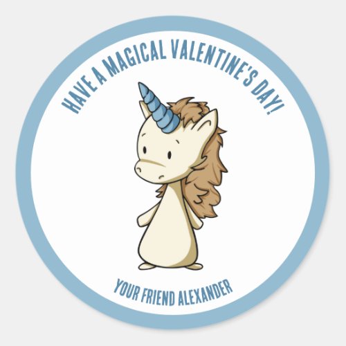 Unicorn Magical Valentines Day Boy Classroom Classic Round Sticker