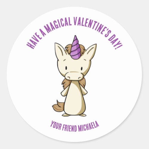 Unicorn Magical Valentines Day Girl Classroom Classic Round Sticker