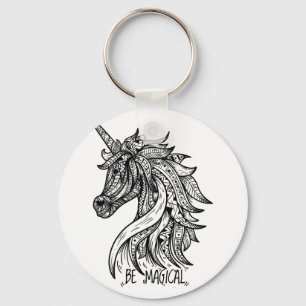 Unicorn Mandala Henna Doodle Black White Cool Keychain