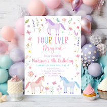 Unicorn Meadow Flower Four Ever Magical Birthday Invitation