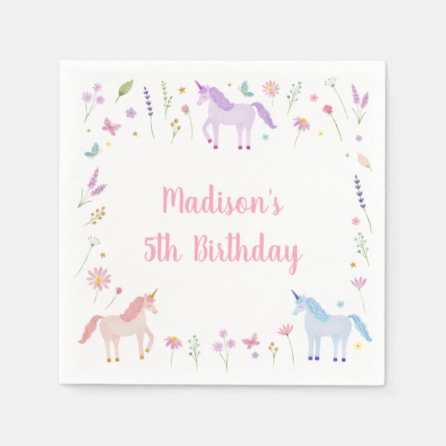 Unicorn Meadow Pastel Pink Gold Birthday Napkins (Front)