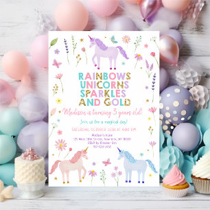 Unicorn Meadow Pastel Pink Gold Flowers Birthday Invitation