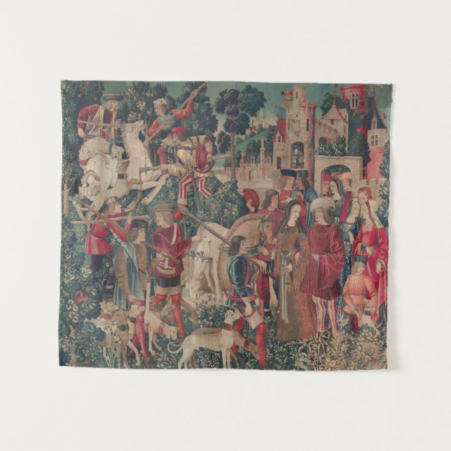 Unicorn Medieval Art - Hunters Return to Castle Tapestry (Front (Horizontal))