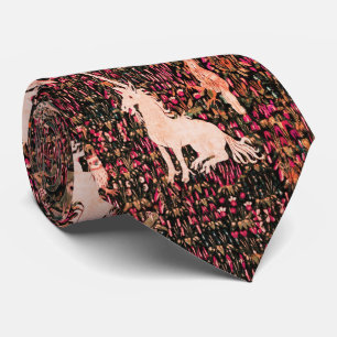UNICORN,MEDIEVAL BESTIARY Forest Animal,Red Floral Neck Tie