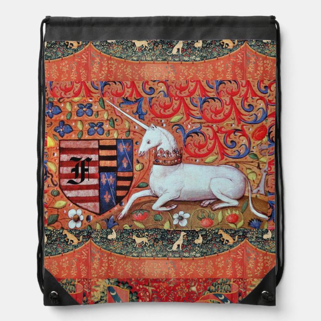 UNICORN ,MEDIEVAL FANTASY FLOWERS,FLORAL MONOGRAM DRAWSTRING BAG (Front)