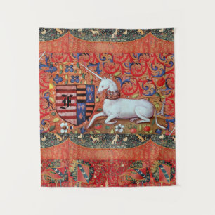 UNICORN ,MEDIEVAL FANTASY FLOWERS,FLORAL MONOGRAM TAPESTRY