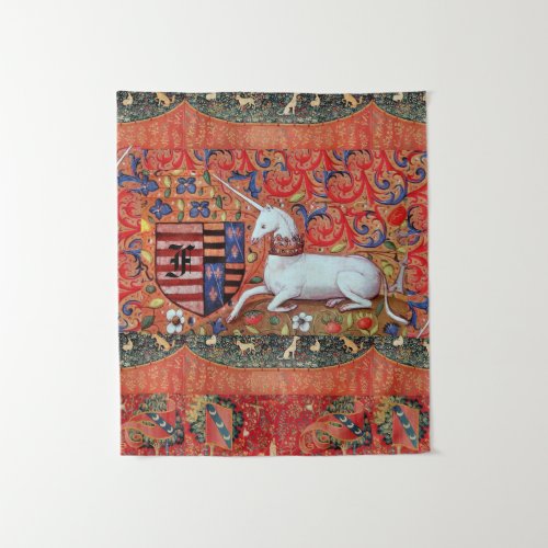 UNICORN MEDIEVAL FANTASY FLOWERSFLORAL MONOGRAM TAPESTRY