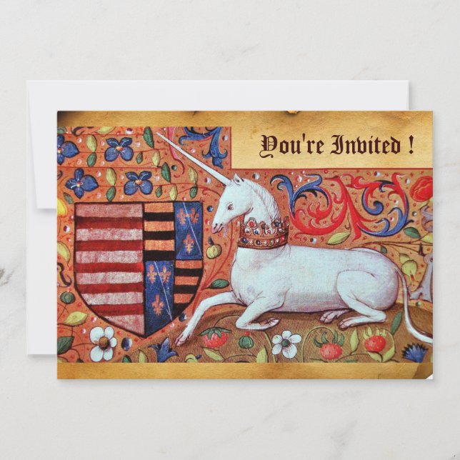 UNICORN MEDIEVAL FANTASY FLOWERS,FLORAL PARCHMENT INVITATION (Front)