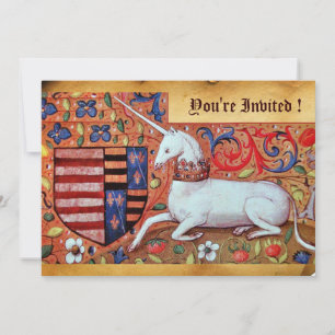 UNICORN MEDIEVAL FANTASY FLOWERS,FLORAL PARCHMENT INVITATION
