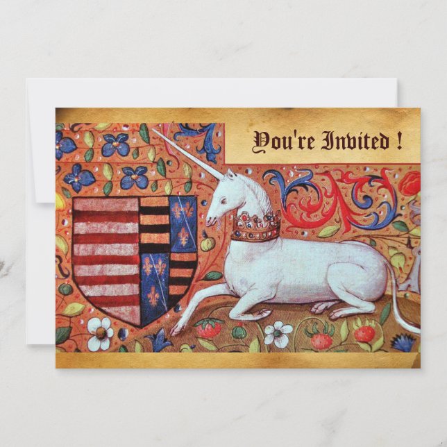 UNICORN MEDIEVAL FANTASY FLOWERS,FLORAL PARCHMENT INVITATION (Front)