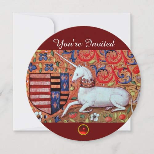 UNICORN MEDIEVAL FANTASY FLOWERSRED WHITE FLORAL INVITATION