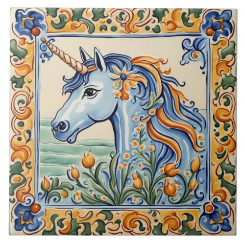 Unicorn Mediterranean Yellow  Blue Folk Floral Ceramic Tile