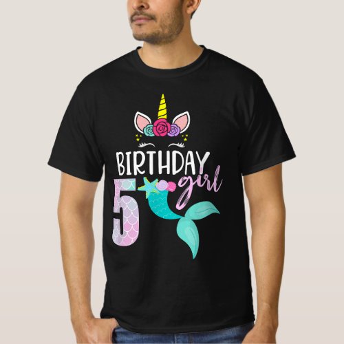 Unicorn Mermaid 5th Birthday Girl Gift for 5 Year  T_Shirt