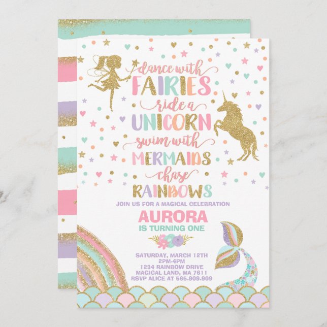 Unicorn Mermaid And Fairy Birthday Invitation (Front/Back)