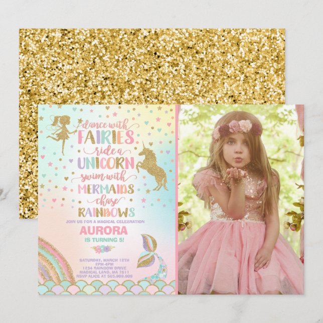 Unicorn Mermaid And Fairy Birthday Invitation (Front/Back)