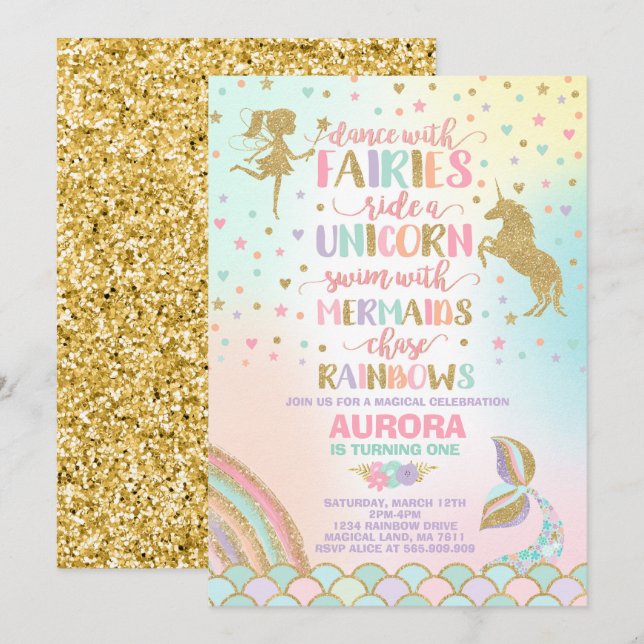 Unicorn Mermaid And Fairy Birthday Invitation (Front/Back)