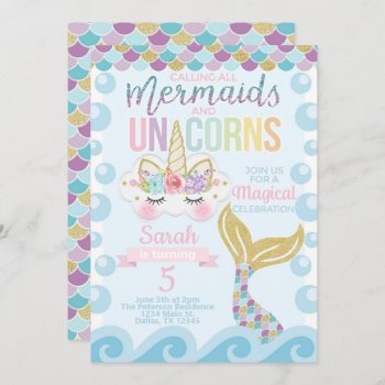 Unicorn Mermaid Birthday Party Invitation Invite by PerfectPrintableCo at Zazzle