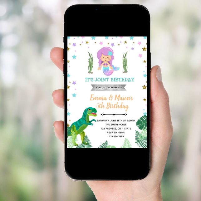Unicorn mermaid dinosaur pool party invitation (Front Digital)