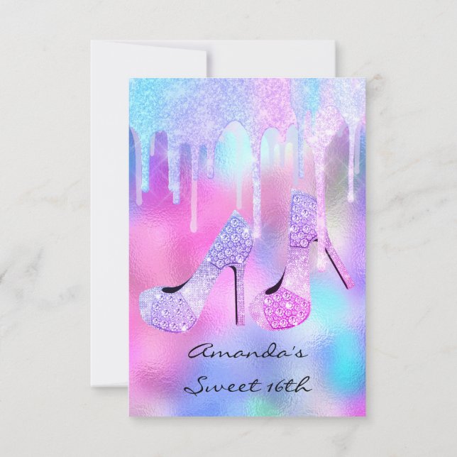 Unicorn Mermaid Drips Holographic Pink High Heels Invitation (Back)