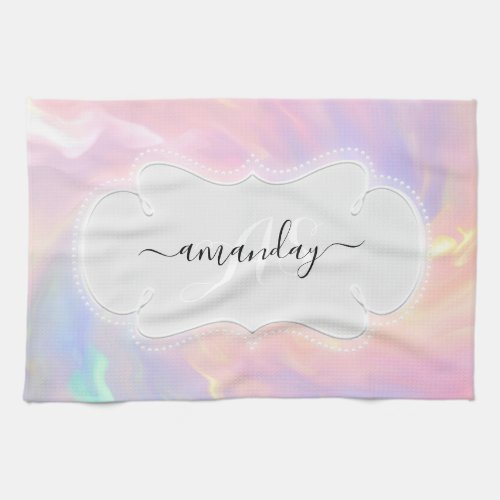 Unicorn Mermaid Holograph Monogram Name Pastel Kitchen Towel