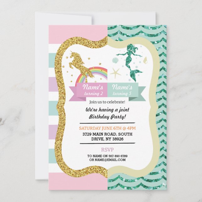 Unicorn & Mermaid Joint Girls Twins Birthday Invitation (Front)