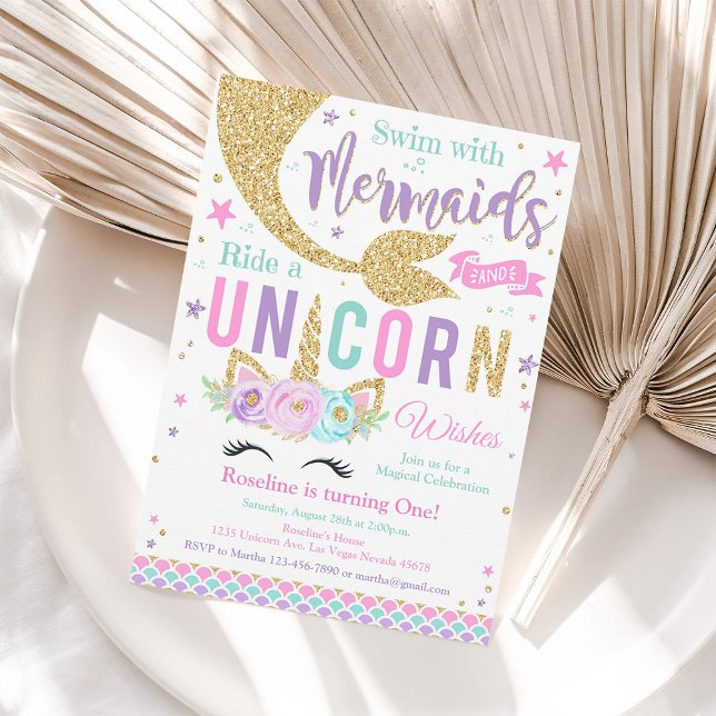 Unicorn Mermaid Kisses Wishes Birthday Invitation (Creator Uploaded)