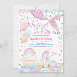 Unicorn Mermaid Magical One Girl 1st Birthday Invitation