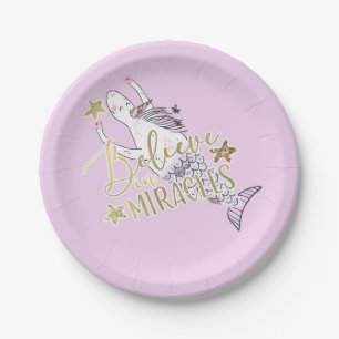 Unicorn Mermaid Modern Trendy Believe in Miracles Paper Plates