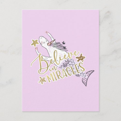 Unicorn Mermaid Modern Trendy Believe in Miracles Postcard