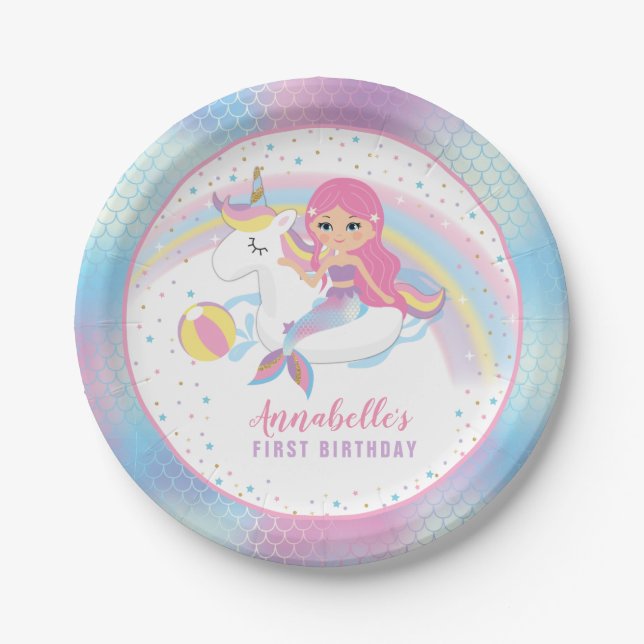 Unicorn Mermaid Pool Birthday Party Paper Plates (Front)
