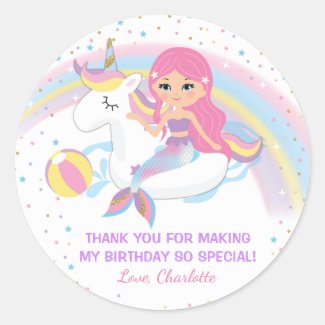 Unicorn Mermaid Pool Birthday Stickers