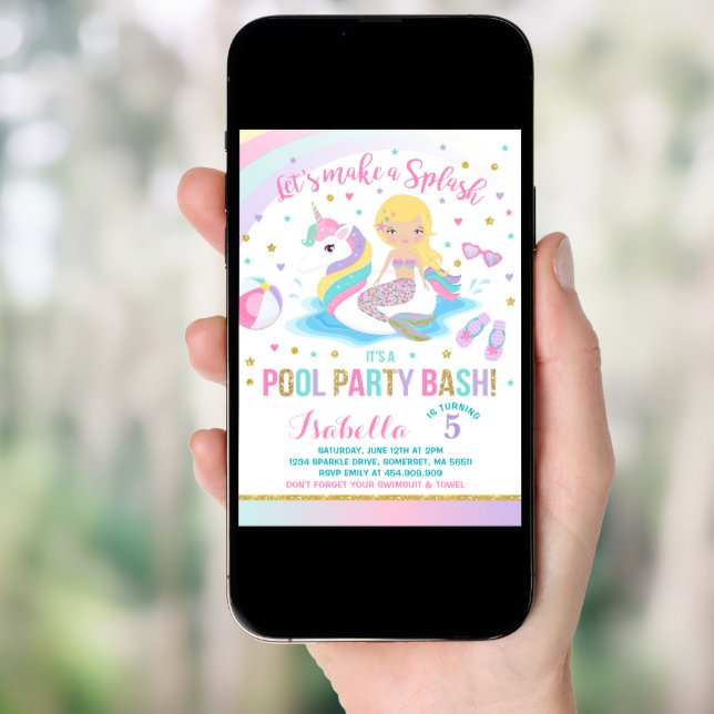 Unicorn & Mermaid Pool Party Birthday Invitation (Front Digital)