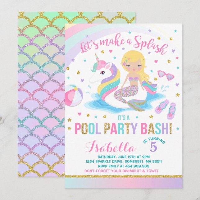 Unicorn & Mermaid Pool Party Birthday Invitation (Front/Back)