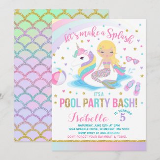 Unicorn & Mermaid Pool Party Birthday Invitation