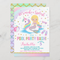 Unicorn & Mermaid Pool Party Birthday Invitation