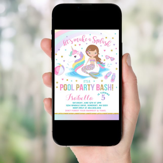 Unicorn & Mermaid Pool Party Birthday Invitation (Front Digital)