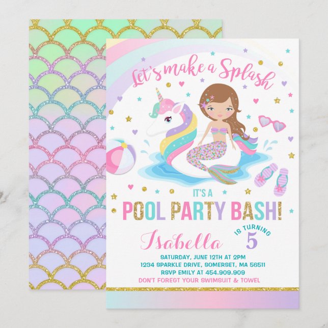 Unicorn & Mermaid Pool Party Birthday Invitation (Front/Back)