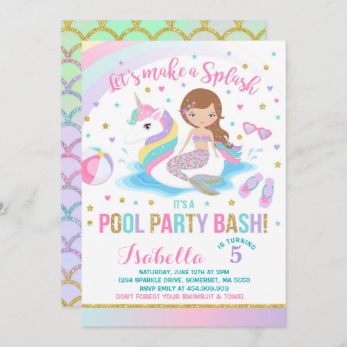 Unicorn  Mermaid Pool Party Birthday Invitation