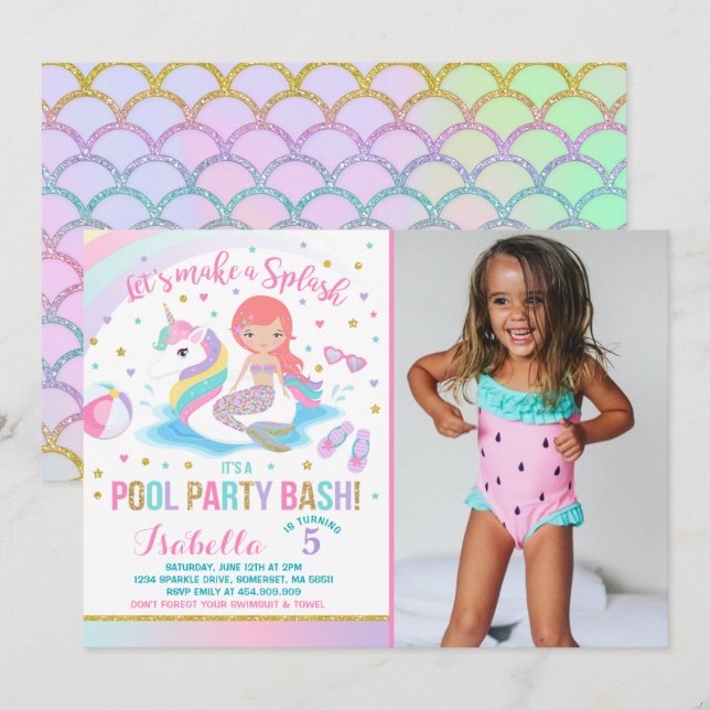 Unicorn & Mermaid Pool Party Birthday Invitation (Front/Back)