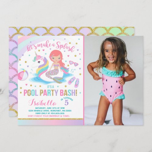 Unicorn  Mermaid Pool Party Birthday Invitation