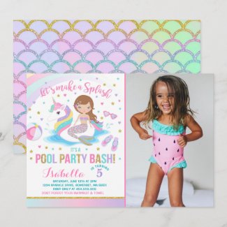 Unicorn & Mermaid Pool Party Birthday Invitation