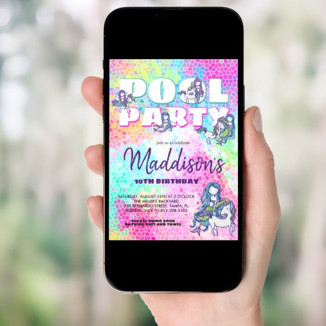 Unicorn & Mermaid Pool Party Invitation (Front Digital)