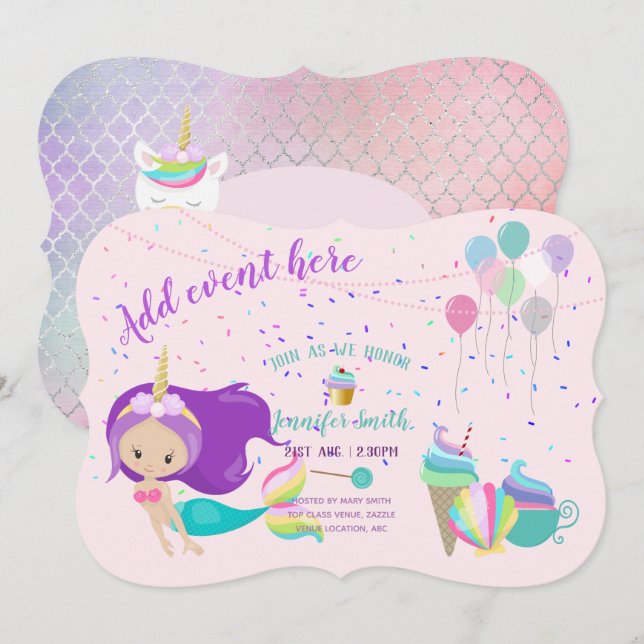 Unicorn Mermaid Princess Birthday Invitations (Front/Back)