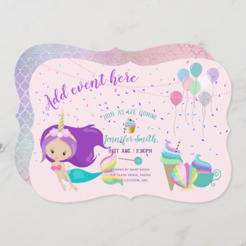Unicorn Mermaid Princess Birthday Invitations