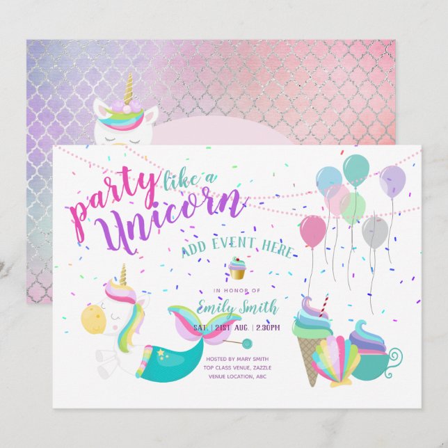 Unicorn Mermaid Princess Birthday Invitations (Front/Back)