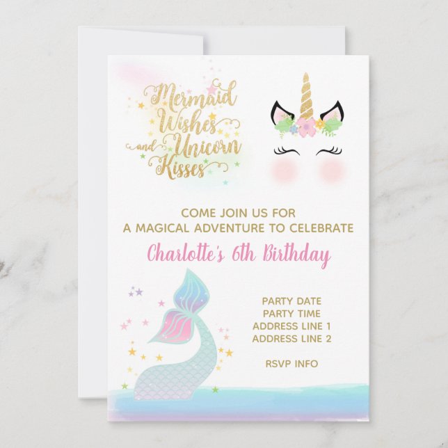 Unicorn & Mermaid Tail invitation | RAINBOW GOLD (Front)
