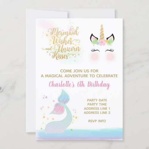 Unicorn  Mermaid Tail invitation  RAINBOW GOLD